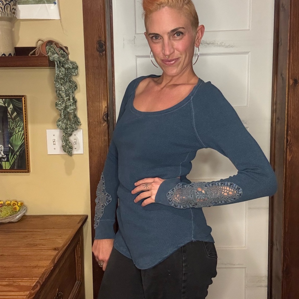 We The Free Dusty Blue Long Sleeve Top with Lace Detail